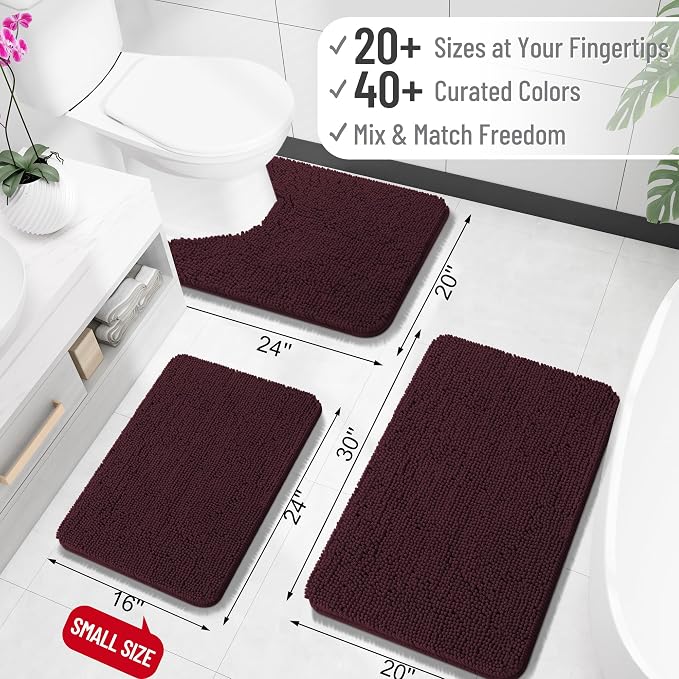 OLANLY Toilet Rugs U-Shaped 24x24, Extra Soft Absorbent Chenille Contour Bathroom Rugs for Toilet, Dry Quickly, Machine Washable, Non-Slip Bath Mat, Black Cherry