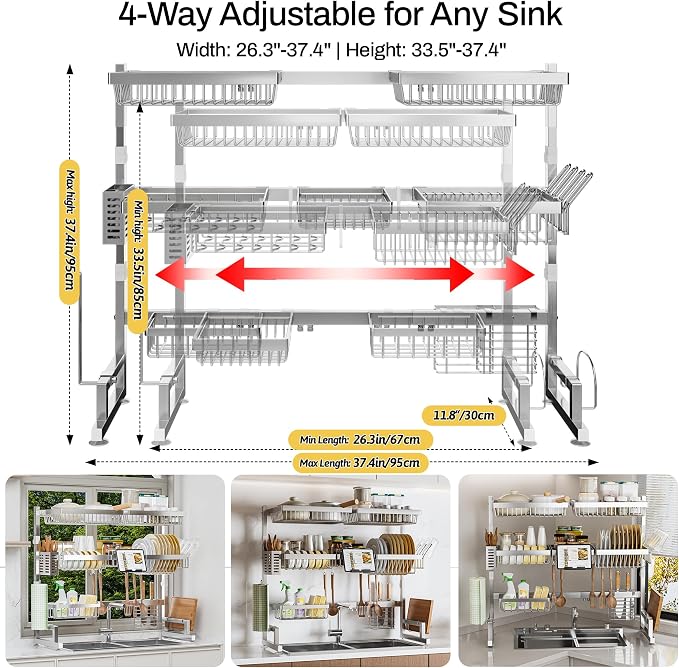 ADBIU Luxurious 304 Stainless Steel Over Sink Dish Drying Rack (Suitable for Sink Length 26.3"- 37.4") Snap-On Design 2 Tier Large Kitchen Dish Rack Stainless Steel Counter Organization and Storage