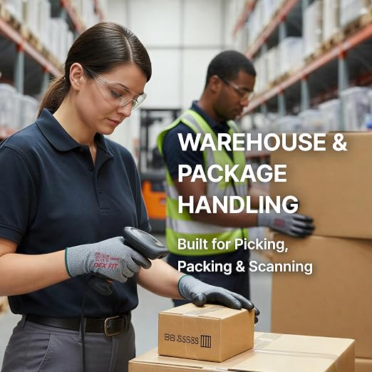 DEX FIT Nitrile Work Gloves FN330, 3D Comfort Fit, Touchscreen Grip Gloves for Warehouse, Construction, Package Handling, Delivery & General Work, Men & Women, Black, S, 12 Pairs
