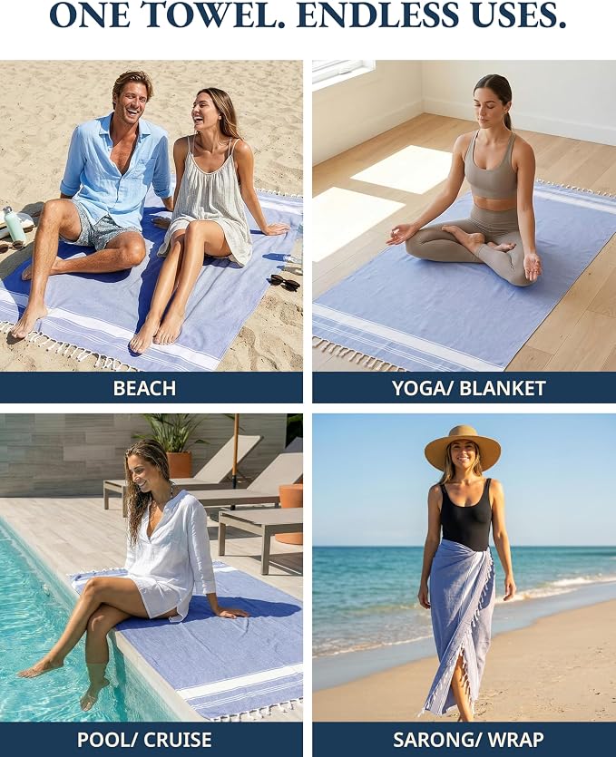 LANE LINEN 4 Pack Pool & Beach Towels, Oversized, 39"x71" - Forever Blue | Compact & Vacuum-Packed - Long-Lasting & Fresh - Super Soft, Cotton-Rich Feel - 4 Pack Forever Blue - Beach Ready