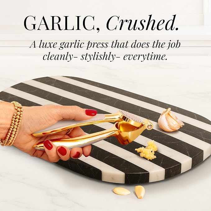 Gold and Beige Kitchen Utensils Set – 8 PC Cooking Gadgets with Mini Gold Whisk and Tongs, Pizza Cutter, Garlic Press, Cheese Grater, Peeler, Can Opener, Scoops – Stylish Beige Kitchen Accessories
