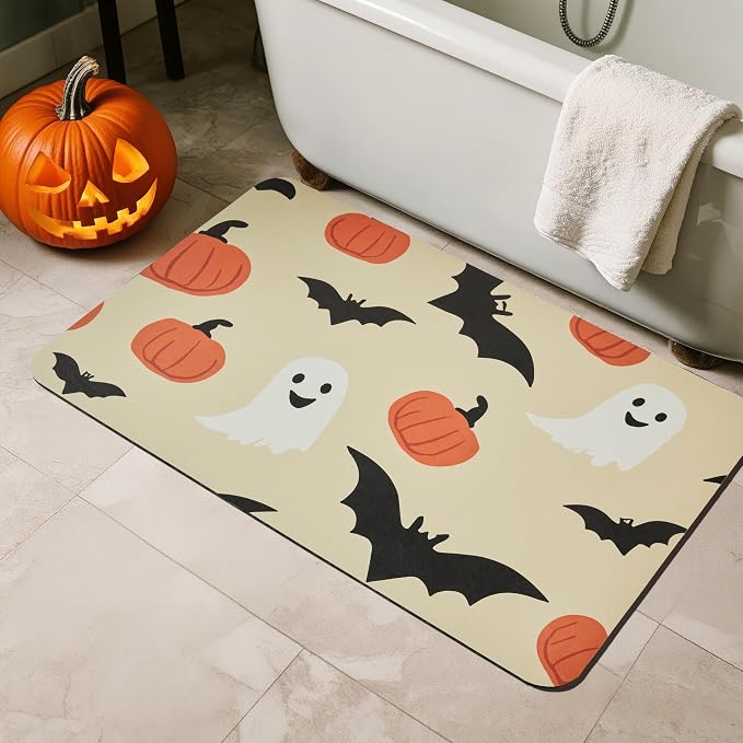TYUU Halloween Bath Mat, Thin Bathroom Rug Non Slip Quick Dry Pumpkin Bath Mat Fits Under Door Thin Floor Mat Halloween Decor, 17''x30'', Pumpkins Bats and Ghost