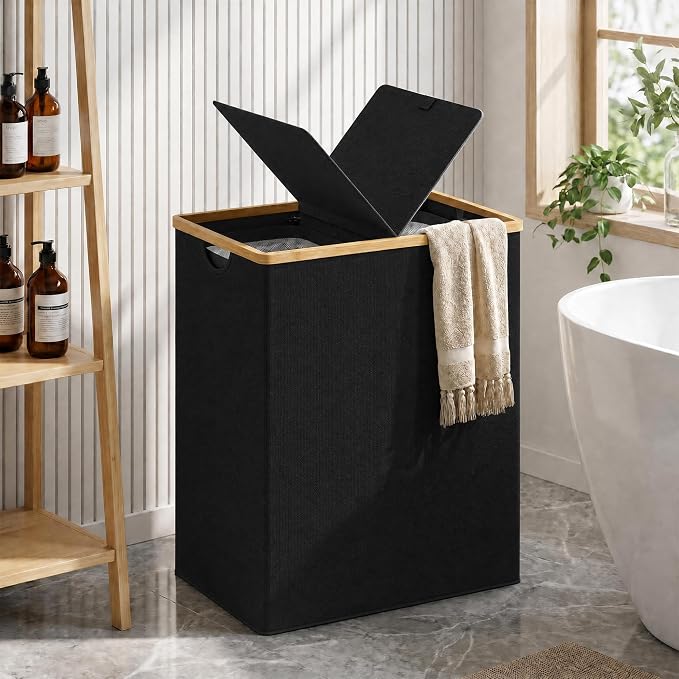 efluky Laundry Hamper with Lid, Double Laundry Basket with 2 Removable Bags, 2 Section Laundry Bin with Bamboo Handles for Bathroom, Bedroom & Laundry Room, 170L (44.9 Gallon) Black