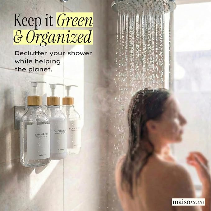 Shampoo and Conditioner Dispenser Wall Mounted Set of 3 Clear Bamboo - No Drill Shower Soap Dispenser for Bathroom Refillable - Spa Hotel Style Accessories by MaisoNovo | 500 ml Shower Gel Dispenser Set of 3. Refillable Shampoo and Conditioner Bottles....