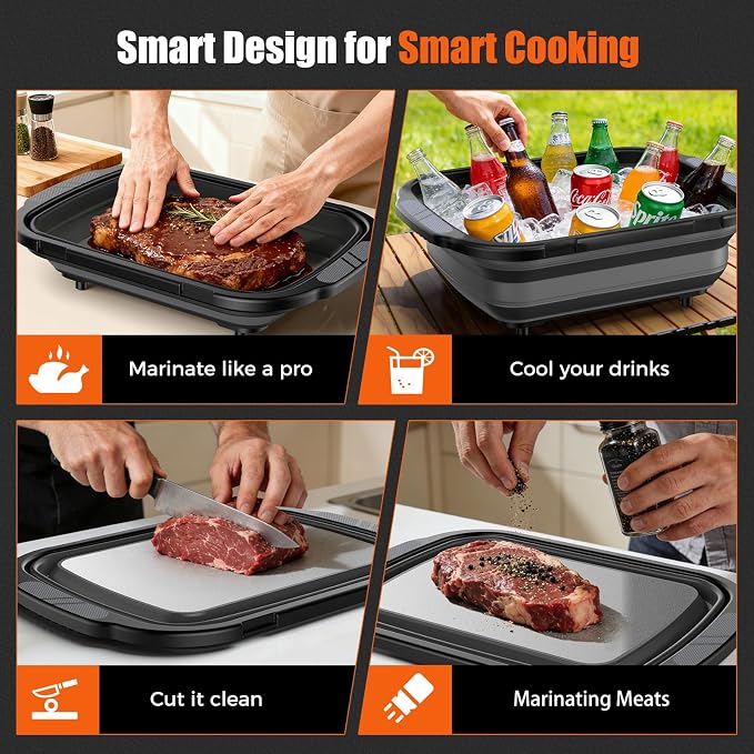 Collapsible BBQ Prep Tub with Titanium Cutting Board, 22L/5.5Gal Food Storage with Locking Lid, Outdoor Seasoning Storage Bin for Camping, Kitchen and BBQ