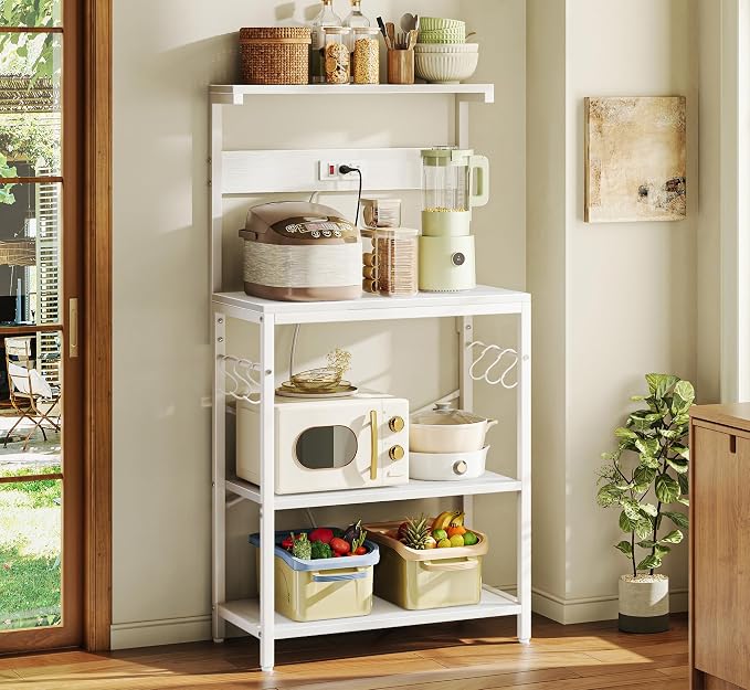 SUPERJARE Kitchen Bakers Rack with Power Outlet, Coffee Bar Table 4 Tiers, Kitchen Microwave Stand with 6 S-Shaped Hooks, Storage Shelf Rack for Spices, Pots and Pans - White