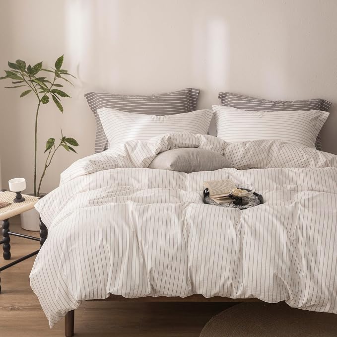 Stripe Duvet Cover Queen Size 90inch x 90inch,100% Washed Cotton Linen Feel Pinstripe Duvet Cover with Zipper Closure and 2 Pillowcases, Color of Off White and Linen Grey Stripe