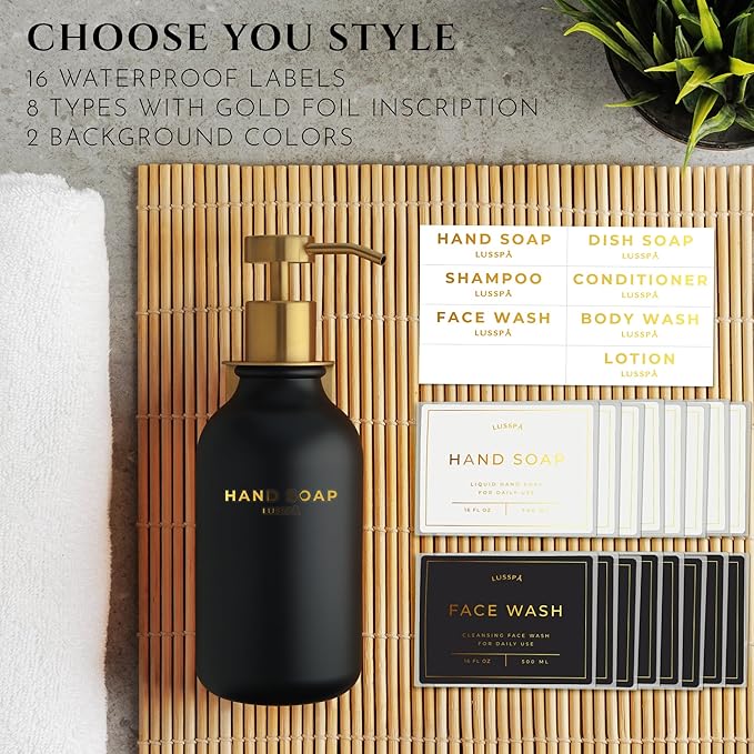 Shower Shampoo Dispenser Wall Mounted – Refillable 16.9 oz Black Bottle with Stainless Steel Pump & No-Drill Adhesive Holder – Soap Dispenser for Bathroom (1 X Black/Gold)