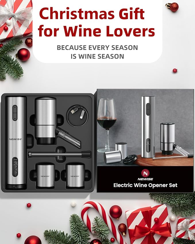 Newise Rechargeable Electric Wine Gift Set: Wine Opener, Aerator, Vacuum Stoppers & Foil Cutter - Wine Lovers Gifts for Women Men - Christmas & White Elephant Gifts