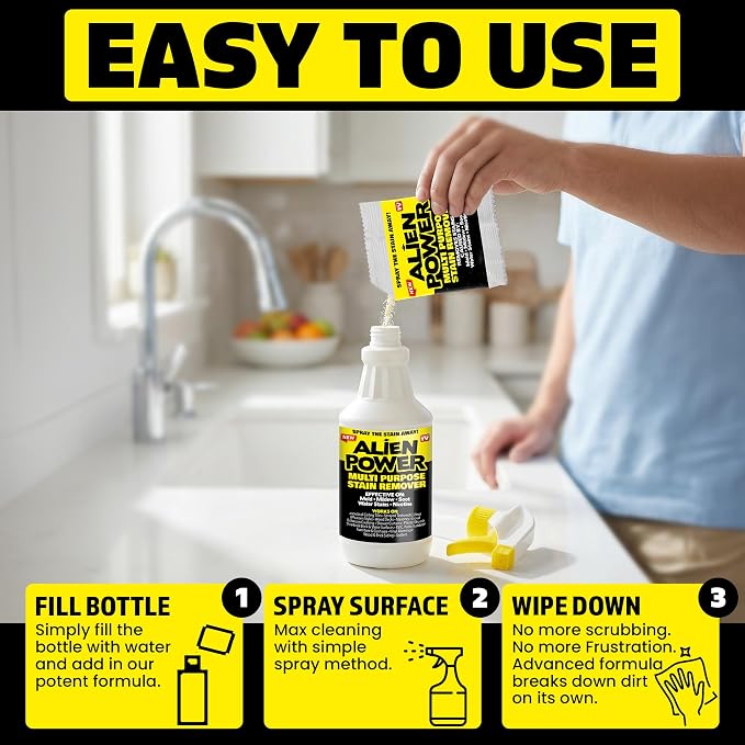 Alien Power Instant Stain Remover Spray for Mold and Mildew and Grout, All Purpose No-Scrub Cleaner for Bathroom & Household Surfaces, Tiles, Wall & Washing Machines - 3 Packets (Makes 72 Fl Oz)