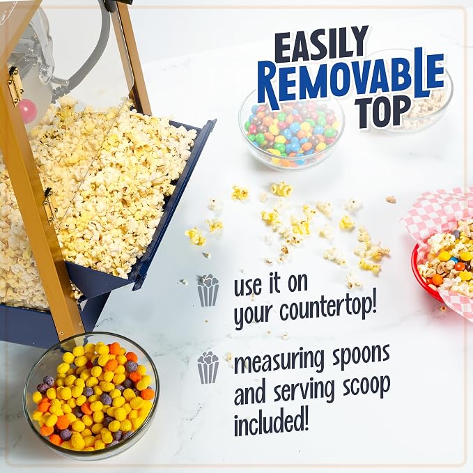 Nostalgia Popcorn Maker Machine - Professional Cart With 8 Oz Kettle Makes Up to 32 Cups - Vintage Popcorn Machine Movie Theater Style - Popcorn Stand Cart With Wheels - Navy/Gold