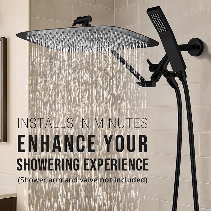 G-Promise All Metal 16 Inch Dual Square Shower Head with Handheld Spray Combo, Rain Shower Head, Adjustable Extension Arm, 3-Way Diverter, 71 Inch Extra Long Hose - A Bathroom Upgrade (Matte Black)