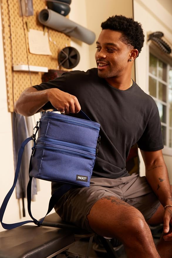 PackIt Mod 3-In-1 Lunch Box for Men and Women, True Blue, Black with EcoFreeze Technology (Built-in Ice Packs), Removable Crossbody Strap, Designed for Outdoor, Work & Everyday Use