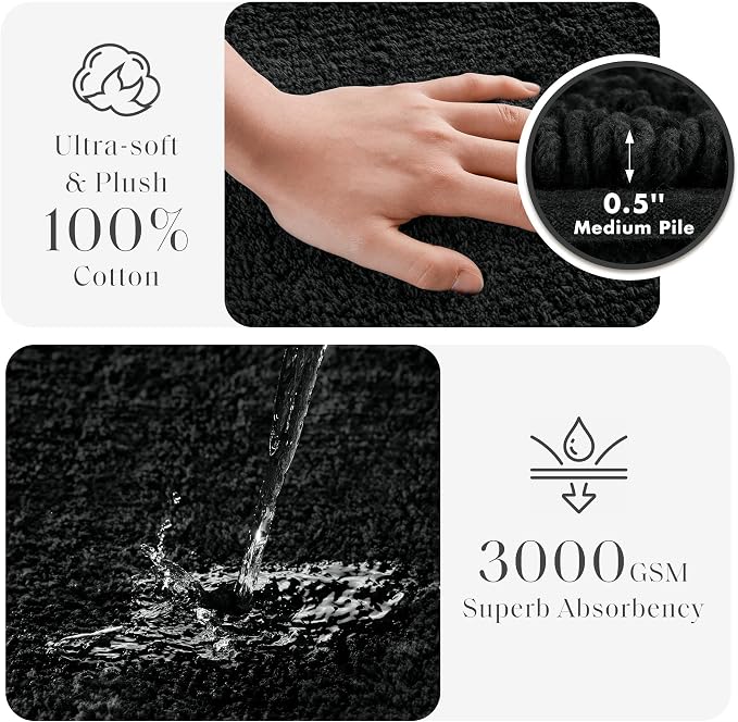 Madison Park Splendor Reversible 100% Cotton Bath Runner, 24 x 60, Black | Tufted Bathroom Rug, 3000 GSM, Hotel Quality, Luxurious Plush, Medium Pile, Absorbent, Quick Dry, OEKO-TEX, Shower Room Décor
