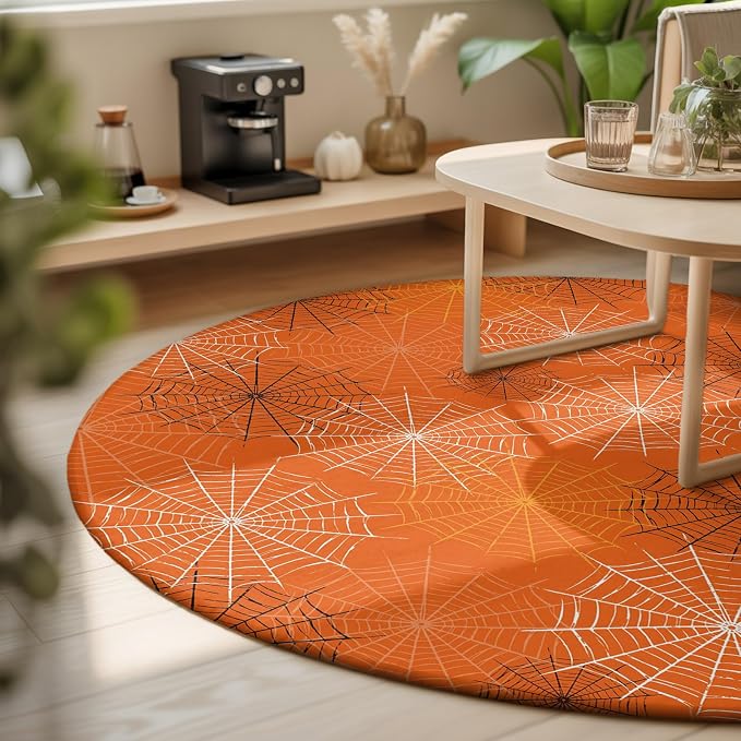 Round Area Rug 3', Orange Halloween Washable Small Area Rugs for Kitchen Bathroom Bedroom Office Laundry, Black White Net Halloween Non Slip Door Mat Indoor Entrance Floor Throw Circle Carpet