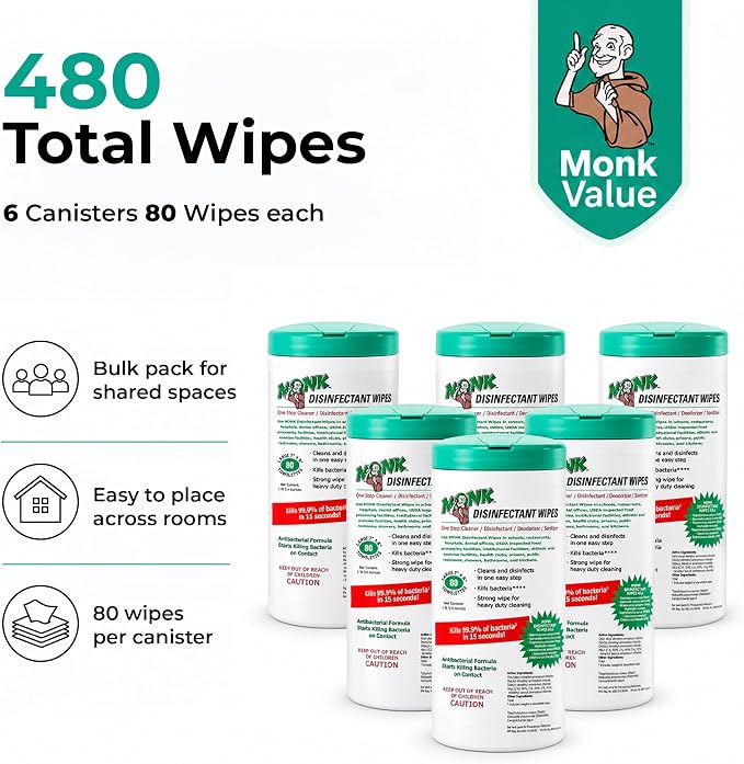 Monk Disinfecting Wipes 6 Canisters of 80 Count for Commercial Facilities | Heavy Duty Cleaning Wipes - 3in1 Disinfectant, Deodorizer & Sanitizer Cleaning Supplies – All Purpose Cleaner for Home & Gym