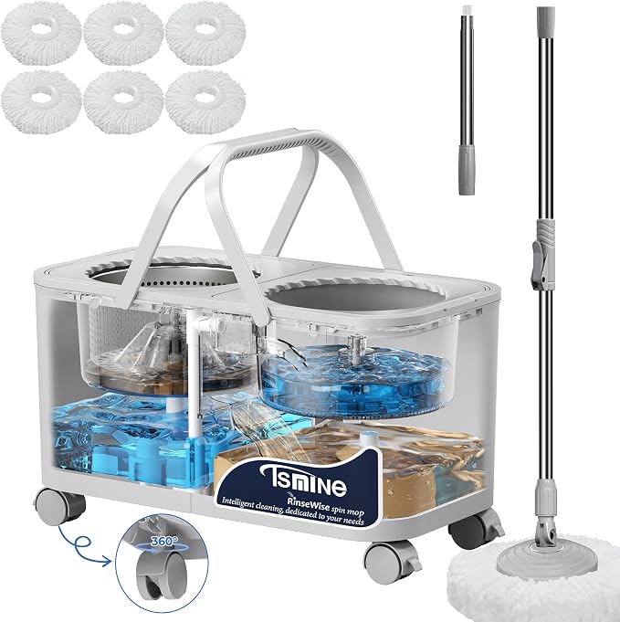 RinseWise Compact Gen 1 Spin Mop and Bucket with Wringer, 1.5 Gal Clean Water Capacity, Clean & Dirty Water Separation, 4 Swivel Wheels, 61" Long Handle, 6 Mop Heads for Daily Floor Cleaning