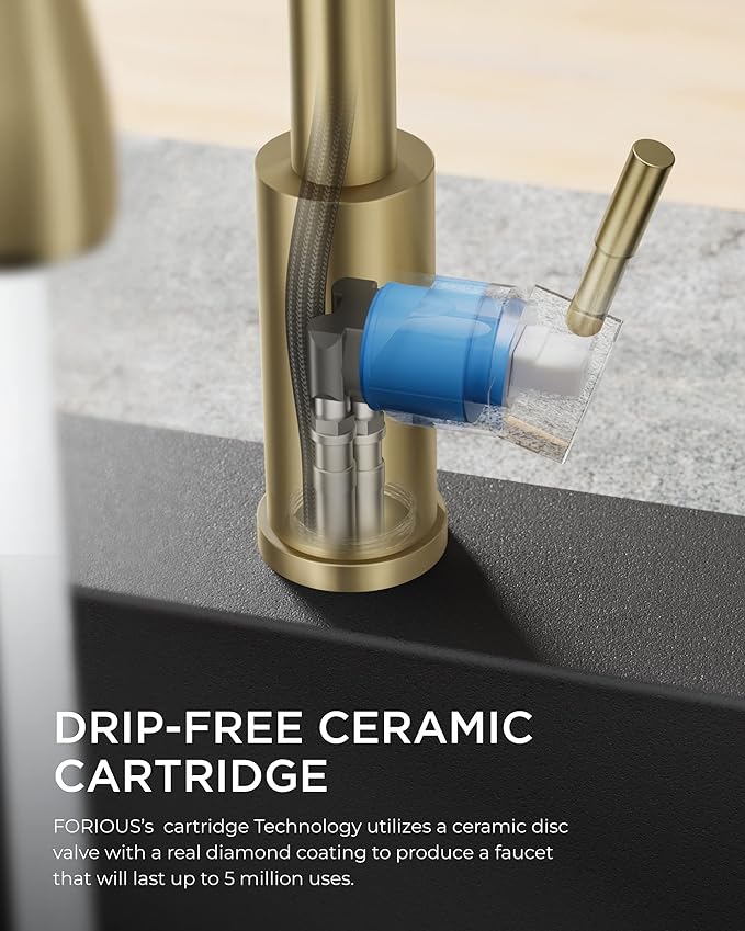 FORIOUS Gold Kitchen Faucet with Soap Dispenser and Pull Down Sprayer, Bar High Arc Single Handle Classic 3 Modes Stainless Steel Faucet for Kitchen Sink Farmhouse RV Laundry Camper