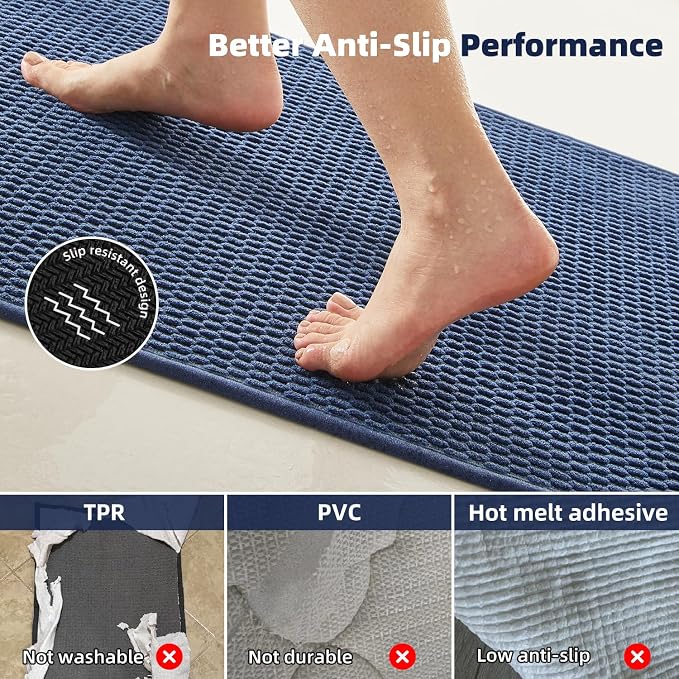 TYUU Bathroom Runner Rugs, Long Bath Mat Runner Washable Thin Quick Dry Low Pile Bathroom Runner Rugs Non Slip, Navy Blue 16"x60"