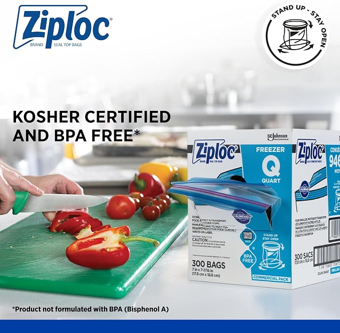 SC Johnson Professional Ziploc Quart Food Storage Freezer Bags, Grip 'n Seal Technology for Easier Grip, Open, and Close, 300 Count