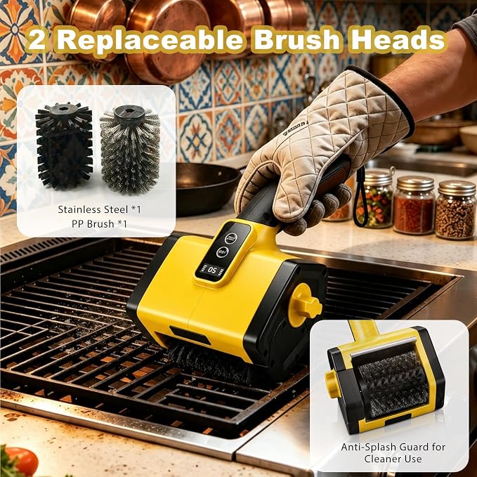 Electric BBQ Grill Brush,3000mAh Electric Grill Cleaner for Outdoor Grill, 2-Speed Power, Type-C Charging, 2 Brush Heads & LED Light, Motorized Grill Cleaning Brush for Camping & Family BBQ(Yellow)