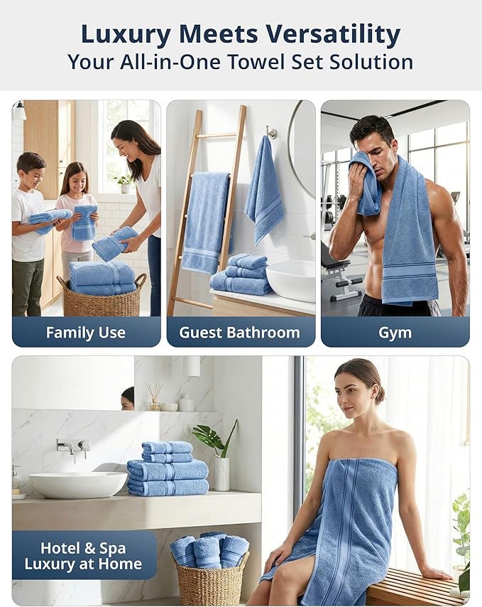 LANE LINEN Premium Bath Towel Set of 12 – 100% Cotton Towels for Bathroom, 4 Bath, 4 Hand Towels & 4 Washcloths, Zero Twist, Ultra Soft, Quick-Dry, Ideal for Spa, Hotel & Everyday Use – Cerulean Blue