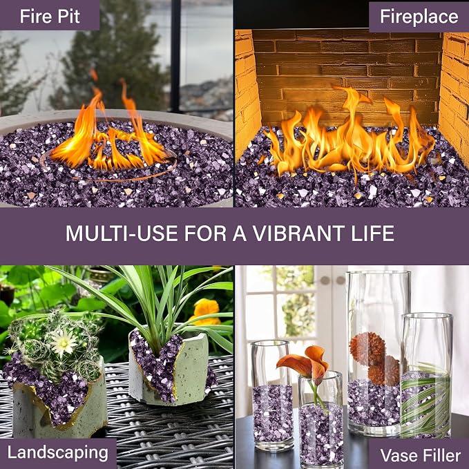 NUPICK 10 Pound Fire Glass, 1/4 Inch Reflective Fire Pit Glass | Tempered Fire Pit Rocks for Propane or Natural Gas, Glass Rocks for Fire Pit Table, Fireplace, Fire Bowl, Landscaping, Violet