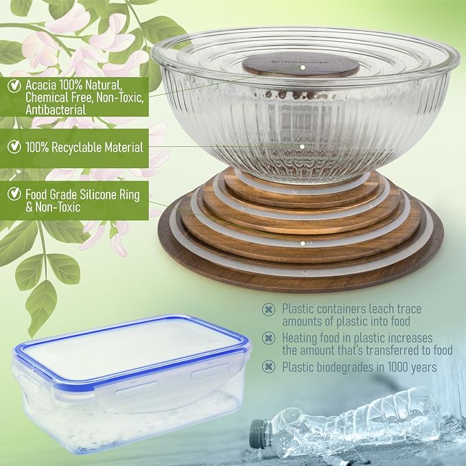 Stackable Space-Saving Set of 5 Nesting Glass Bowls with Acacia Lids for Foodprep, Storage, Mixing & Cooking - Microwave & Oven-ready BPA Free Durable Heat Resistant Inert Borosilicate Glass