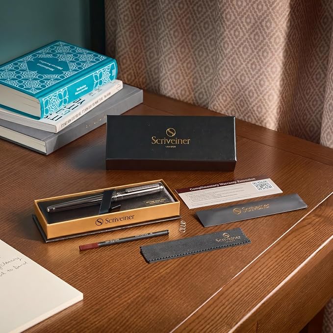 Scriveiner Gun-Metal Rollerball Pen - Stunning Luxury Pen, Schmidt Ink Refill, Best Roller Ball Gift Set for Men & Women, Professional, Executive Office, Nice Pens