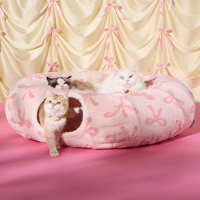 Lesure Large Cat Tunnel Bed - Cute Donut Bed for Indoor Cats with Washable Circle Cushion, Round Pet Peekaboo Cave Toy for Multi Kitten/Puppy/Rabbit, Large Pink Taffy