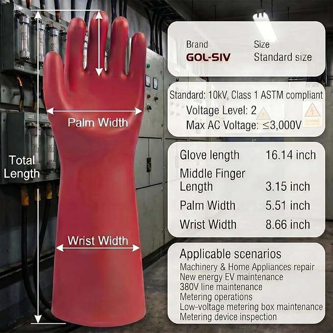 Insulated Electrician Gloves -Class 1 ASTM Compliant High Voltage Rubber Electrical Work Gloves For Men Work Electrical Safety Gloves3000V AC