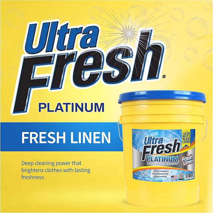 Ultra Fresh Platinum Liquid Laundry Detergent Washing Soap for All Machine Types, Up to 640 Loads, 5 Gal, Fresh Linen - Household Cleaning Supplies and Accessories for Clothing and Fabric Items