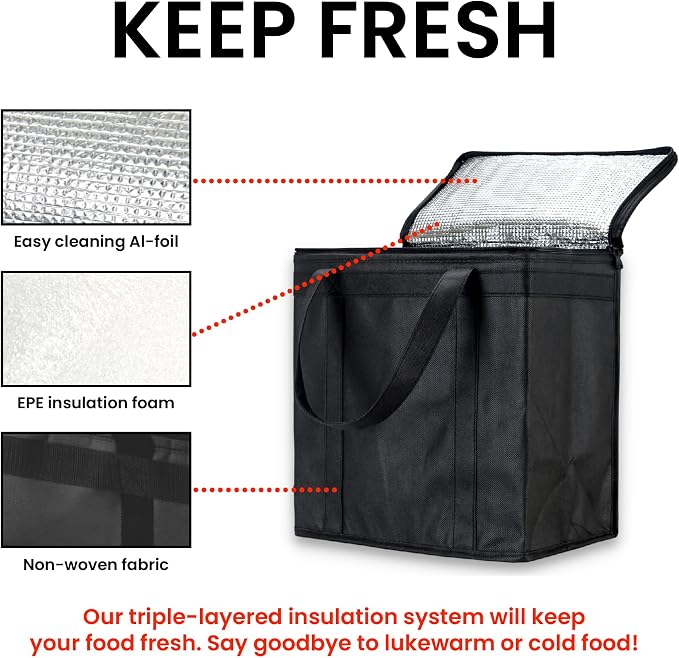 Insulated Food Bag, Portable Cooler Tote (Medium, Black, 2 Pack) | Thermal bag, For cold and hot food, Soft sided cooler, Heavy duty 4-layered tote, Grocery shopping, Beach or travel bag