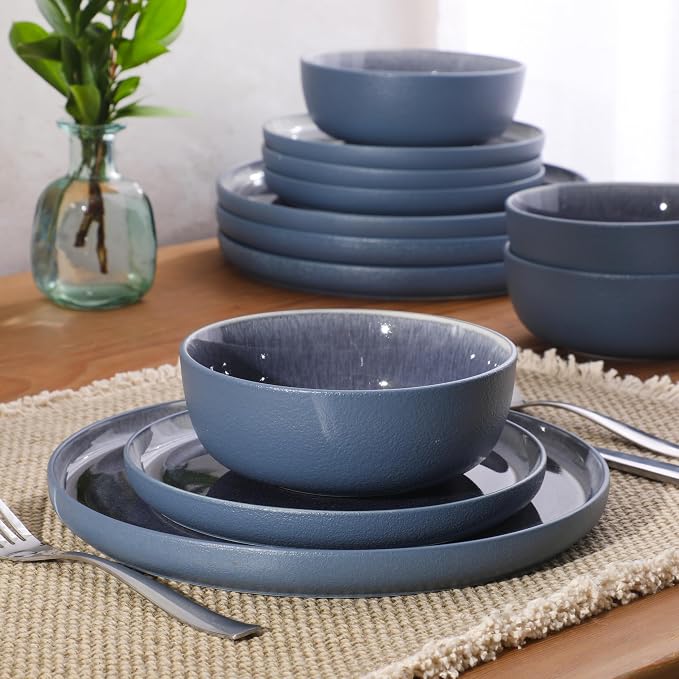Gibson Elite Reactive Stoneware Dinnerware Set - Tahoe Sunset Matte Exterior & Shiny Interior Blue | 12-Piece – Plates and Bowls, Durable Everyday Dish Set, Microwave & Dishwasher Safe