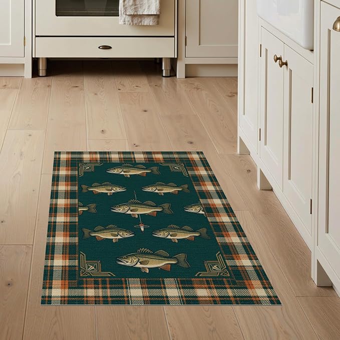 3'x5' Washable Area Rug Cabin Bass Plaid Border Vintage Baits Lure Tackle Fish Fishing Refined Stain Resistant Flatwoven for Entryway, Kitchen, Mudroom