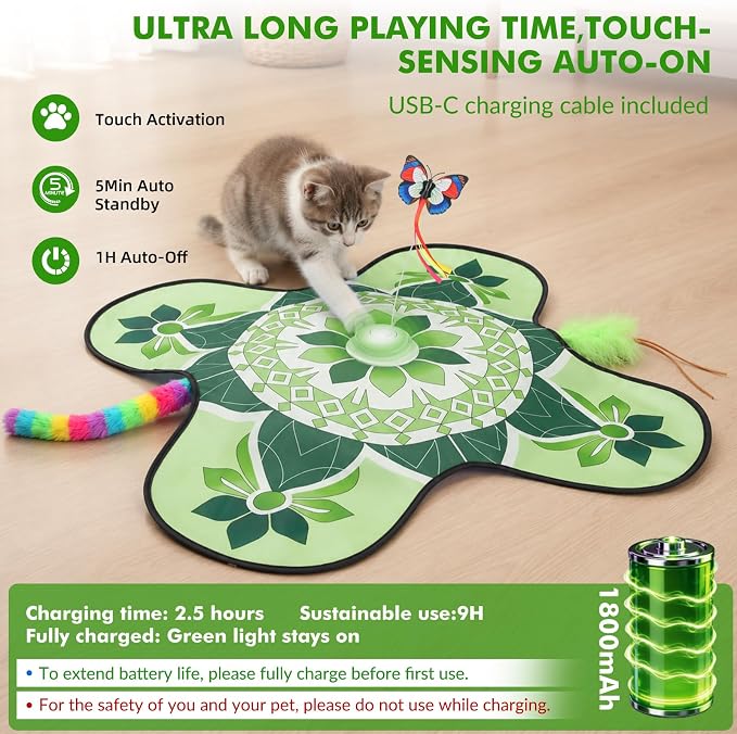Wortade Interactive Cat Toys for Indoor Cats Rechargeable, Moving Concealed Wand Feather, Automatic Fluttering Butterfly Cat Stimulation Toys for Indoor Cats, Hide and Seek Kitten Toy (Green)