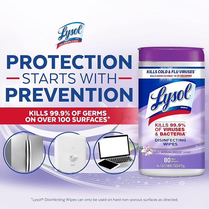 Lysol Disinfectant Wipes, Multi-Surface Antibacterial Cleaning Wipes, Dorm Room Essentials for Disinfecting and Cleaning, Early Morning Breeze, 80 Count (Pack of 6)