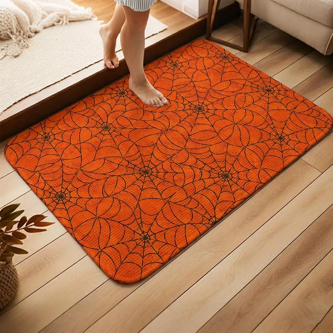 Front Door Mat Indoor Outdoor 19.7"x31.5", Orange Halloween Absorbent Non Slip Welcome Mat, Black Spiders Net Classic Gingham Low Profile Entryway Rug for Front Entrance Porch Back Door Patio