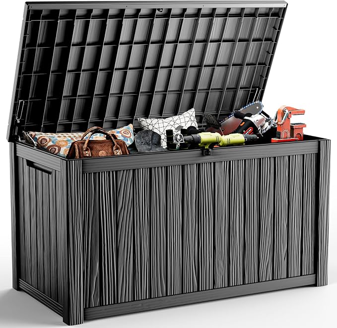 DRATO 200 Gallon Deck Boxes Outdoor Waterproof, Lockable Outdoor Storage Box for Patio Furniture Pool Supplies Garden Tools, Weatherproof Resin Storage Box for Backyard (Black, 200 Gallon)