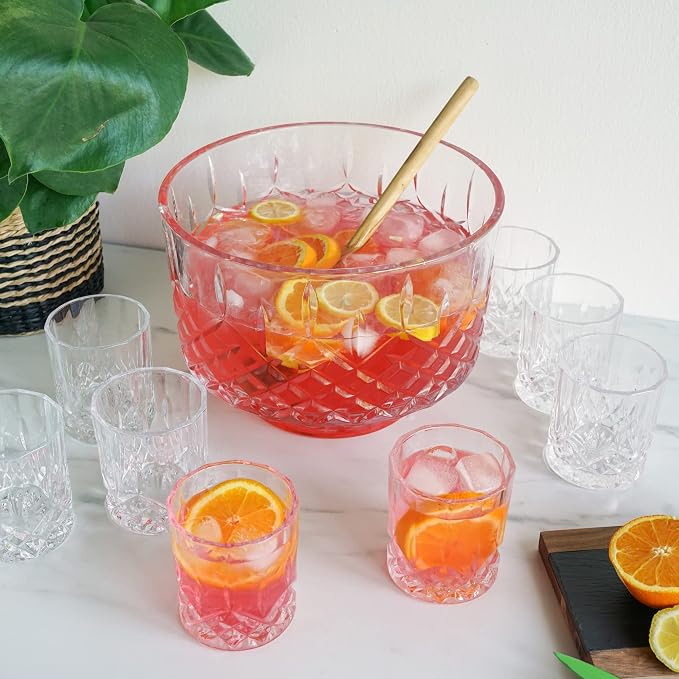 Viski Admiral Punch Bowl Set with 8 Tumblers, Cut Crystal Cocktail Party Serveware, Dishwasher Safe, 2.5 Gallons, 9 Oz Glasses, Set of 9
