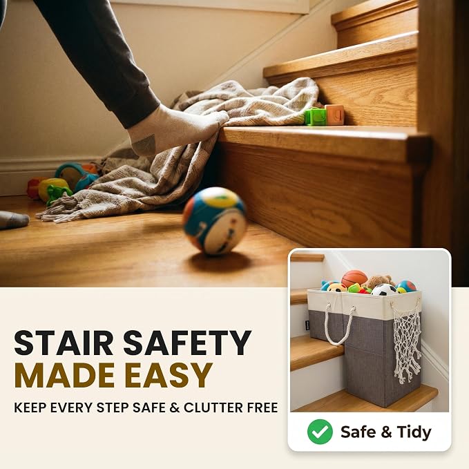 Stair Basket with Hammock for Carpeted & Wooden Stairs – Staircase Basket Organizer for Laundry, Toys, Books, Blankets & Household Storage - Large Stairstep Basket Bin with Cotton Handle