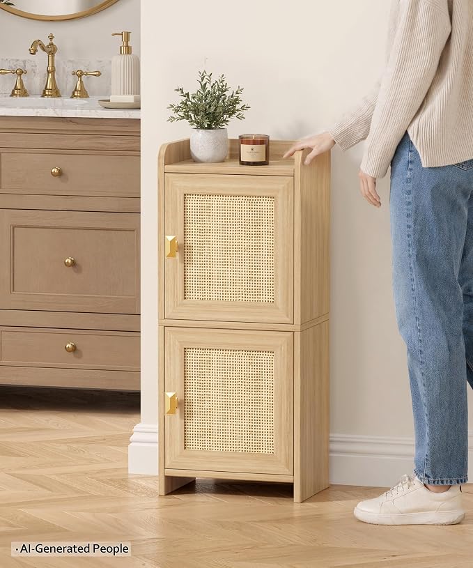 Akxomel Rattan Small Bathroom Cabinet Narrow Toilet Paper Organizer Oak | 7.9''D x 11.8''W Bathroom Organizer and Storage Cabinet for Small Space, Slim Corner Unit with Adjustable Shelf
