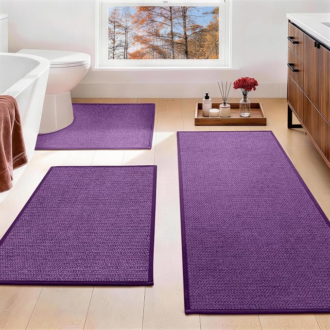 YIHOUSE Purple Bathroom Rugs Sets 3 Piece, Quick Dry Thin Bath Mat with Toilet Rug, Non Slip Absorbent Machine Washable, Bath Runner Rugs for Bathtub Sink Home Decor