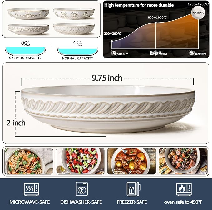 Artena Pasta Bowls, 50oz Large Salad Serving Bowls, 9.75'' Plates Bowls Set of 4, Big White Ceramic Soup Bowls for Kitchen, Embossment Shallow Dinner Bowl, Microwave Dishwasher Safe, Willow Leaf