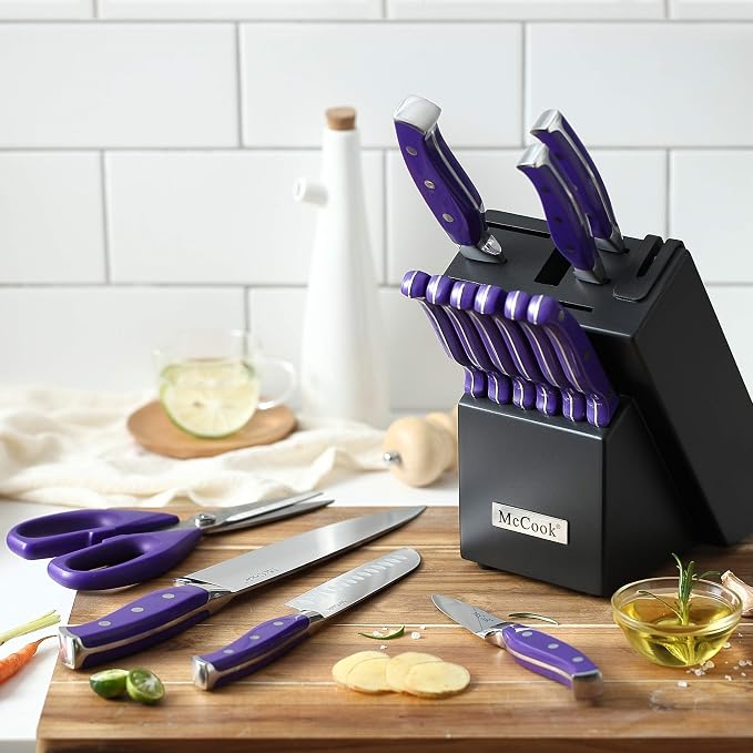 McCook MC27 14 Pieces Stainless Steel kitchen knife set with Wooden Block, Kitchen Scissors and Built-in Sharpener, Purple | German Forged Stainless Steel,15 PC,Razor Sharp, Anti-Rust, Ergonomic Handle,Full Tang,Vibrant Purple,Gift Box