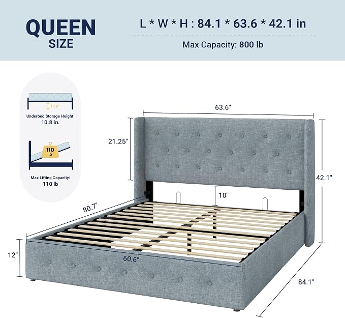 Allewie Queen Size Lift Up Storage Button-Tufted Bed Frame Blue Grey | Modern Wingback Headboard, Hydraulic Support Storage, No Box Spring Needed