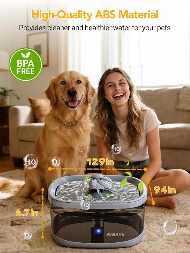 SIBAYS 9.5L Dog Water Fountain for Large Dogs, 2.5Gal Large Capacity Pet Water Fountain with 3 Flow Modes and LED Light, Automatic Ultra Quiet Dog Water Bowl Dispenser, Easy to Clean (FS82, Grey)