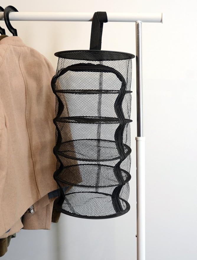 9 Inch 5 Level Micro Hanging Dry Net Indoor/Closet Drying Rack for Herbs, Plants, Organizer, Freshner - Black Mash Screen with Top-to-Bottom Zipper - Apartment Size with Zipped Storage Pouch