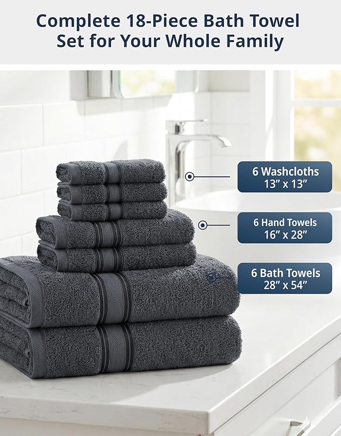 LANE LINEN 100% Mercerized Cotton Bath Towels Set of 18 – Zero Twist, 6 Bath, 6 Hand Towel & 6 Washcloths, Soft, Ideal for Spa Hotel & Home, Gentle on Body, Durable After Multiple Washes – Cool Grey