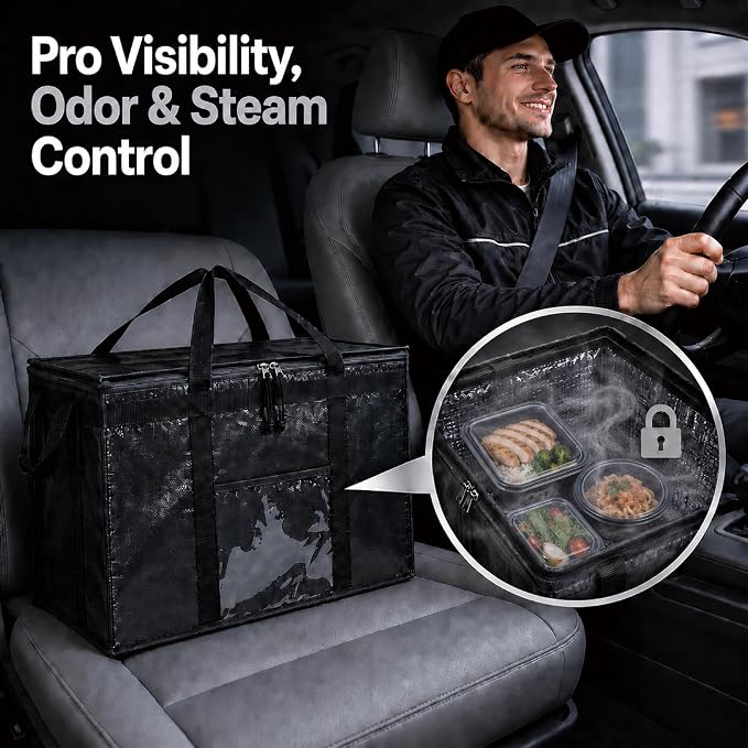 PRO Large Insulated Food Delivery Bag (2XL, Green, 1 Pack) | Thermal bag, For cold & hot food, Water-resistant, Portable cooler, Soft sided catering tote, Grocery bag with zippered top